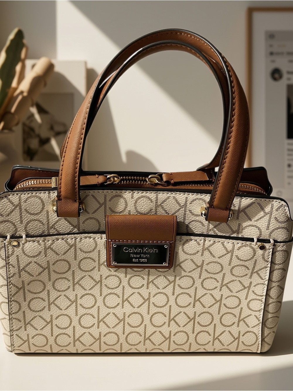 Calvin Klein Beige Monogram Hudson Satchel with Brown Trim